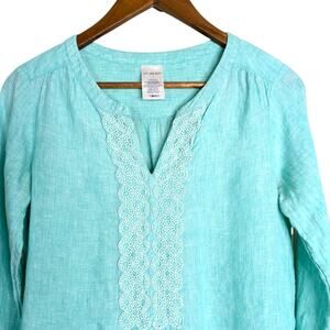 Lands' End Linen Tunic Top 4 Embroidered Crochet Green Split Neck 3/4 Sleeve